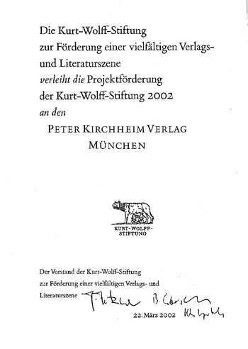 Urkunde der Kurt-Wolff-Stiftung
